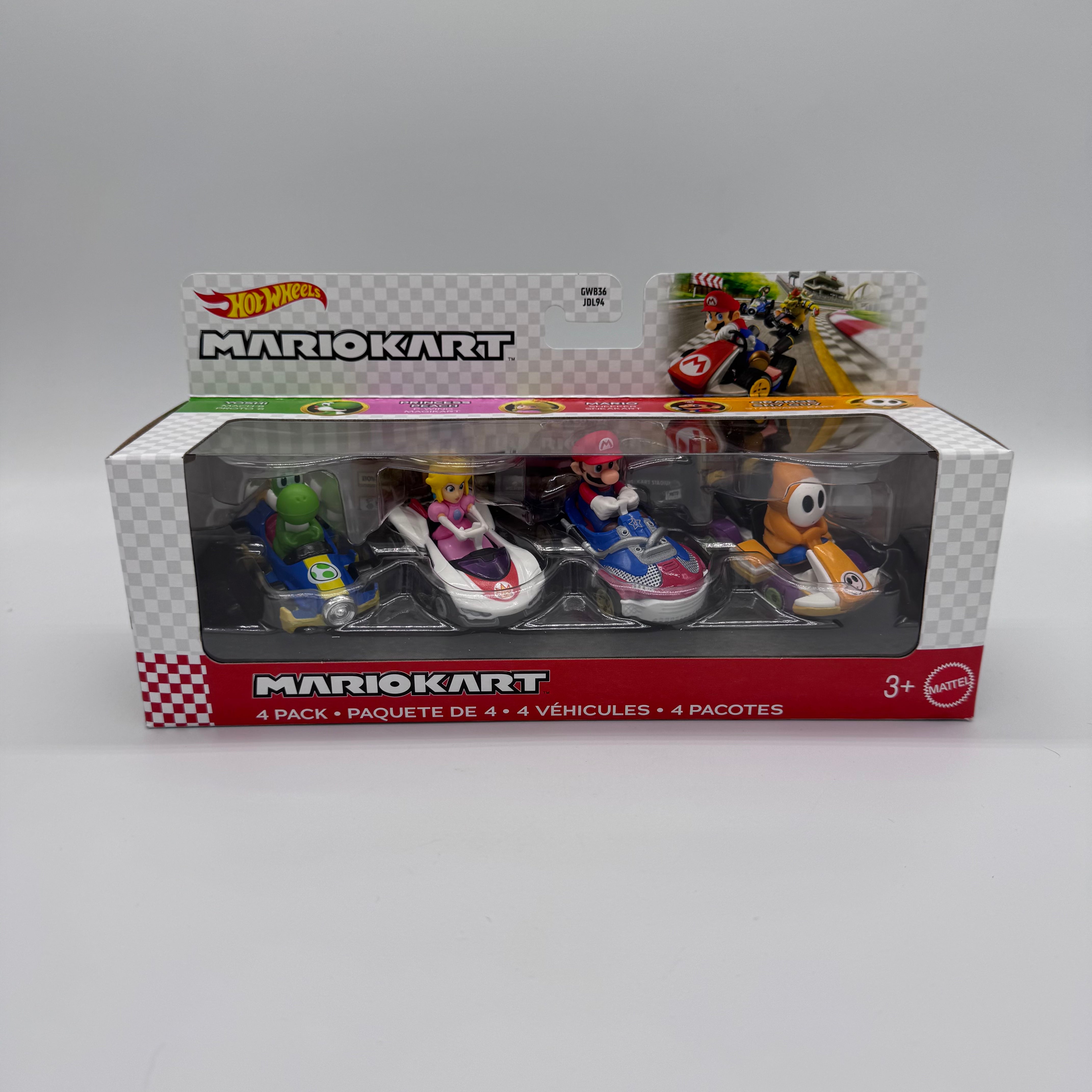 Hot Wheels Mario Kart 4-Pack – Yoshi, Peach, Mario & Shy Guy (Mattel)
