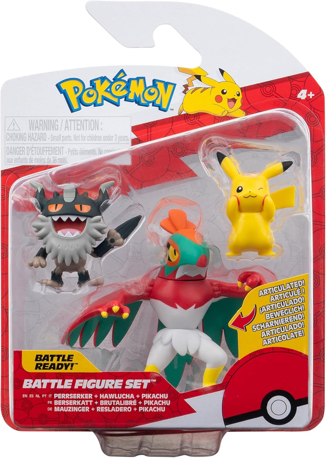 Pokémon Battle Figure 3 Pack - Features 2-Inch Pikachu and Perrserker and 3-Inch Hawlucha Battle Figures