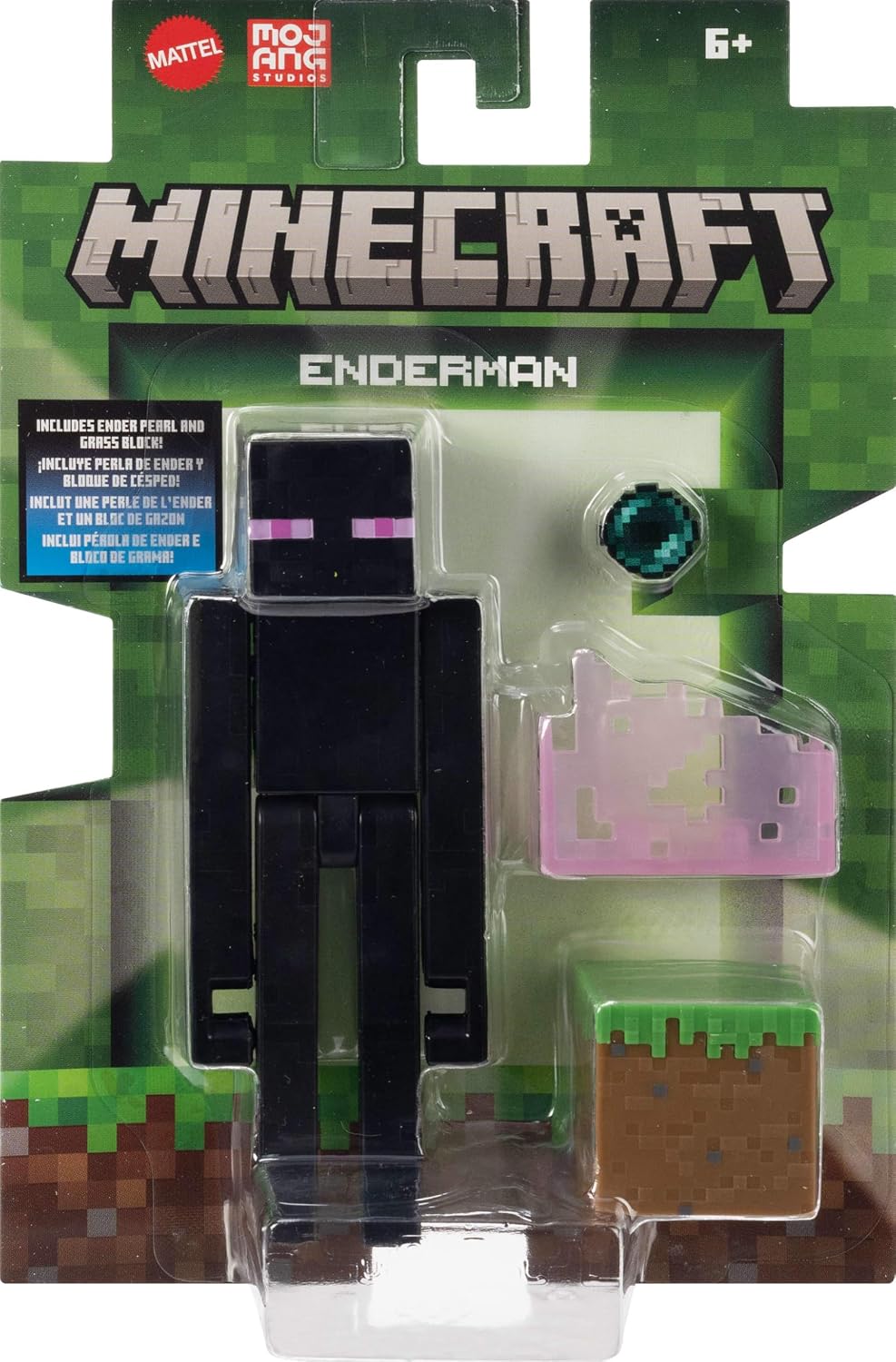 Minecraft Enderman Action Figure with Ender Pearl, Grass Block & Purple Flame Effect