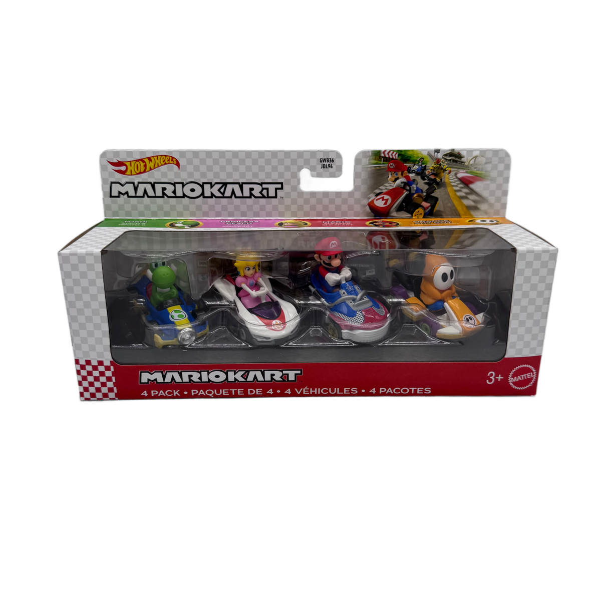 Hot Wheels Mario Kart 4-Pack – Yoshi, Peach, Mario & Shy Guy (Mattel)